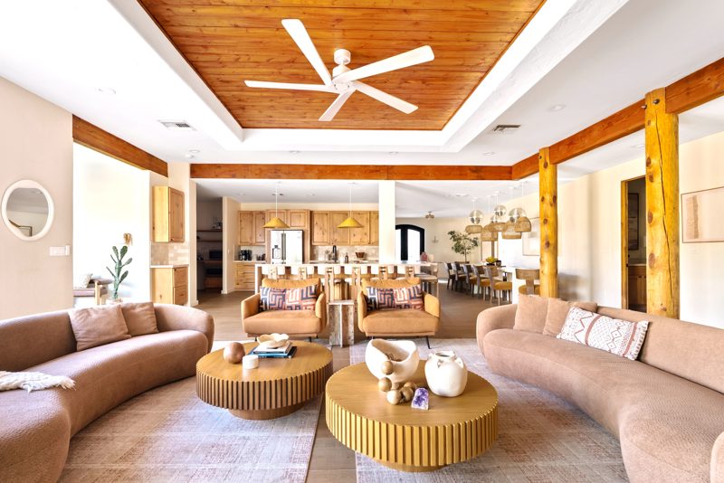 The living room, curved sofas and open plan