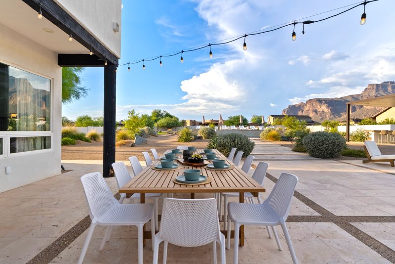 Outdoor dining with the mountain behind