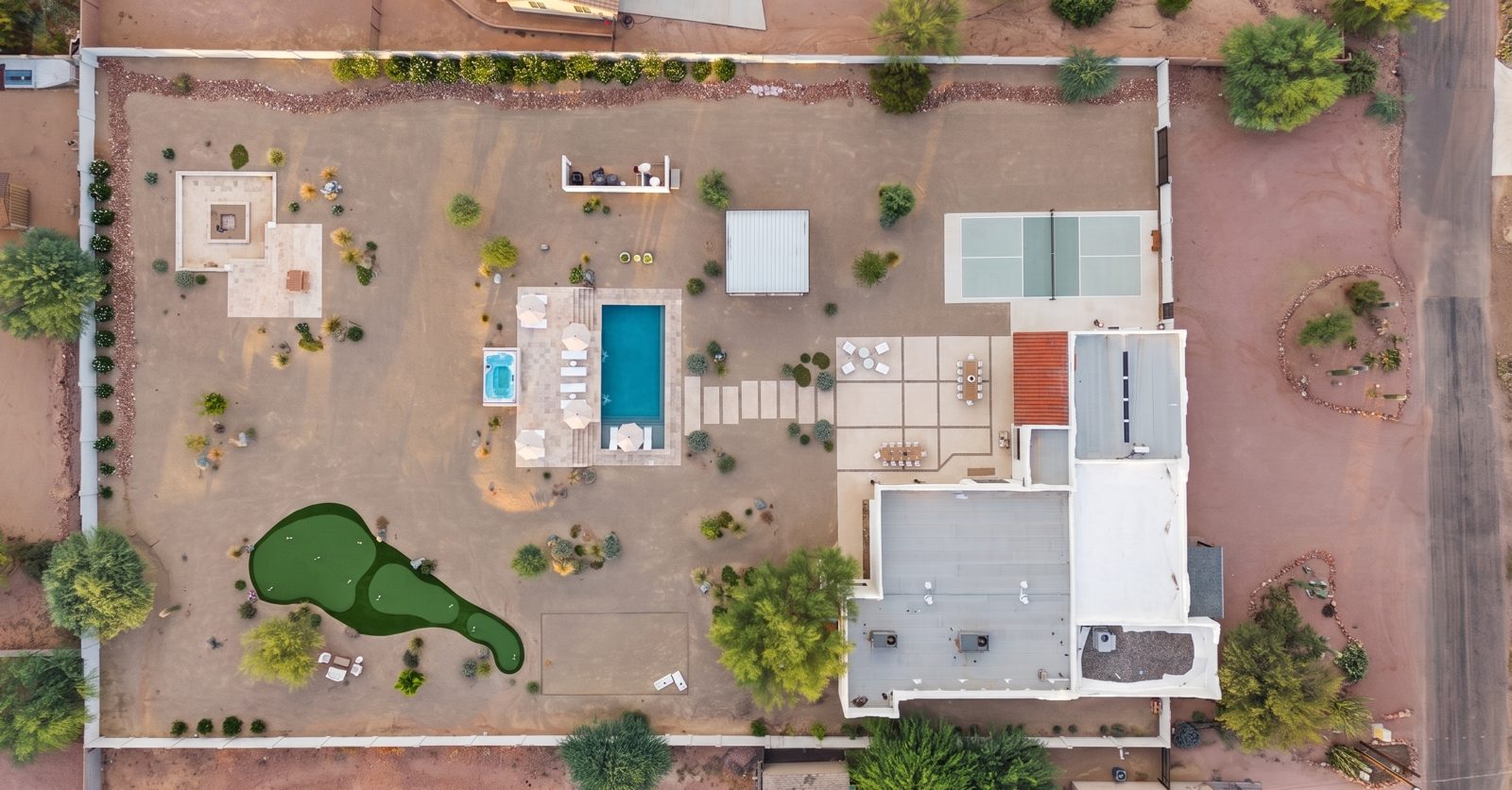 Aerial view of La Serena, a five-bedroom house on one acre in Apache Junction, Arizona, at the foot of the Superstition Mountains.